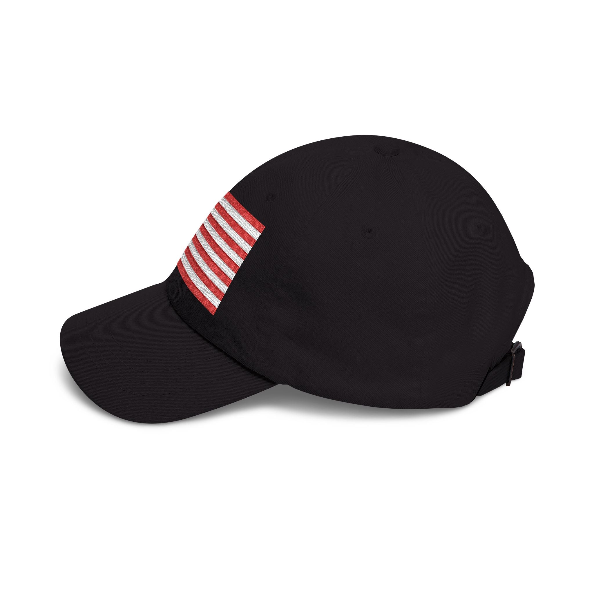 Side view of black cap with embroidered Betsy Ross Flag