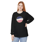 Woman wearing a long sleeve Black Comfort Colors t-shirt with America 250 design