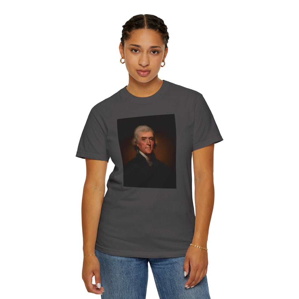 Woman wearing Thomas Jefferson portrait t-shirt, graphite