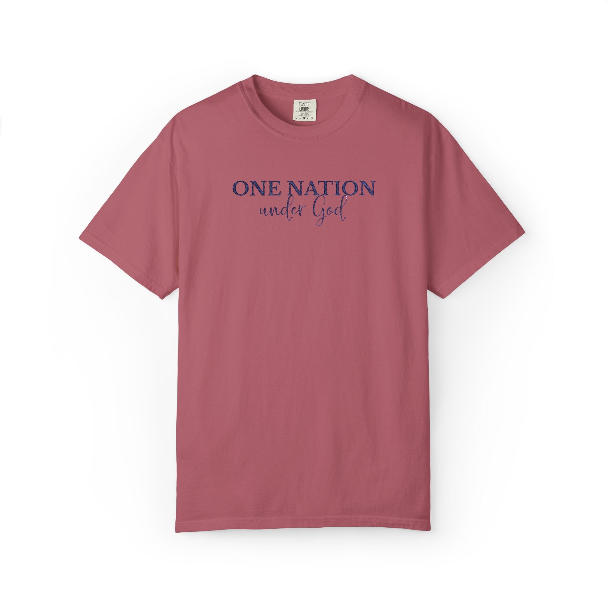 Crimson Comfort Colors t-shirt with embroidered 'One Nation under God' in blue thread