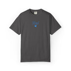 Graphite Comfort Colors t-shirt with embroidered "Blessed are the Peacemakers" + dove in a cornflower blue thread