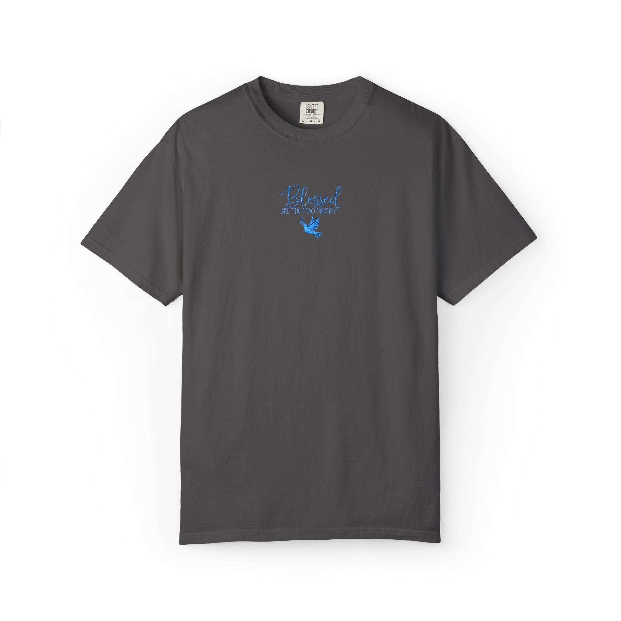 Graphite Comfort Colors t-shirt with embroidered "Blessed are the Peacemakers" + dove in a cornflower blue thread