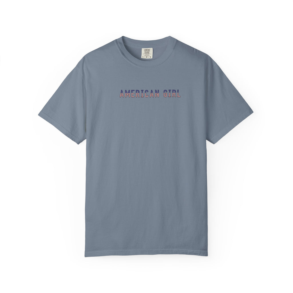 Blue jean-colored t-shirt with 'American Girl' in patriotic stars & stripes text