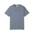 Blue jean-colored t-shirt with 'American Girl' in patriotic stars & stripes text