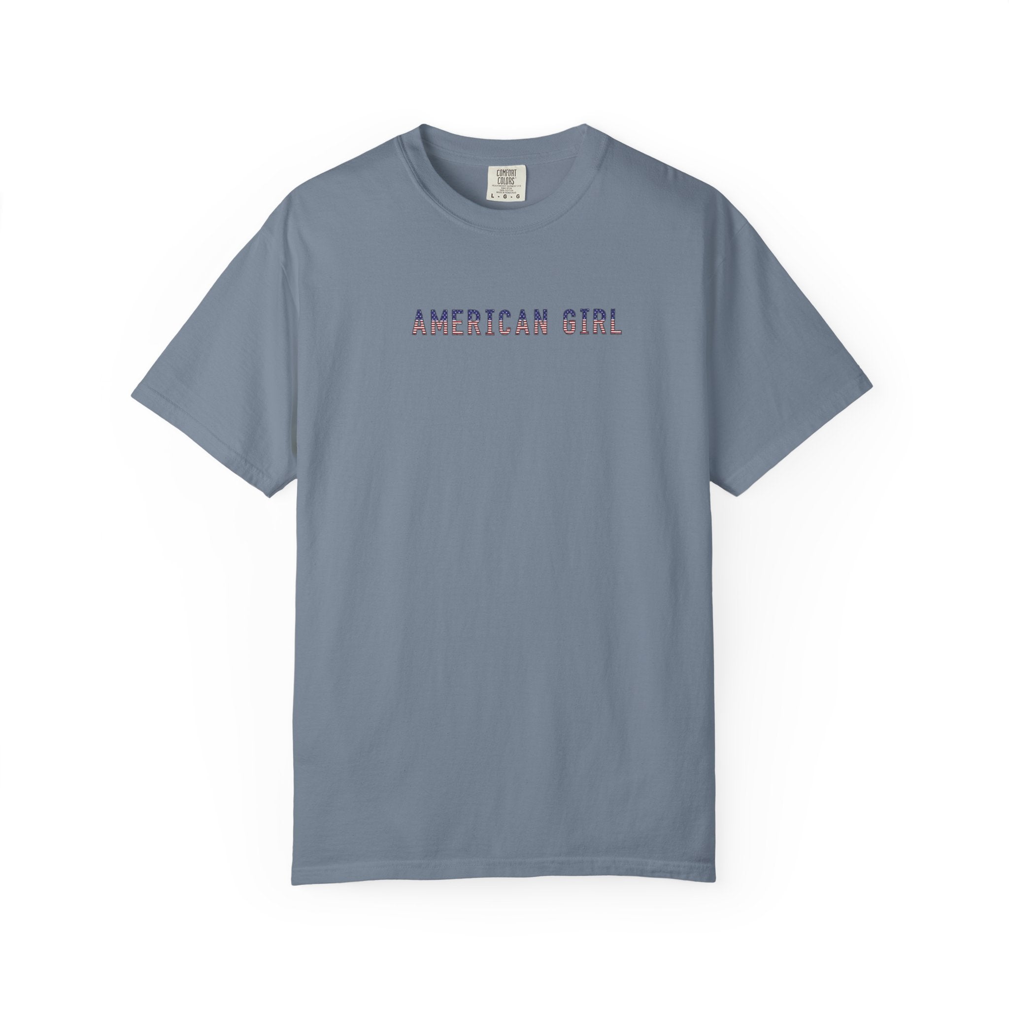 Blue jean-colored t-shirt with 'American Girl' in patriotic stars & stripes text