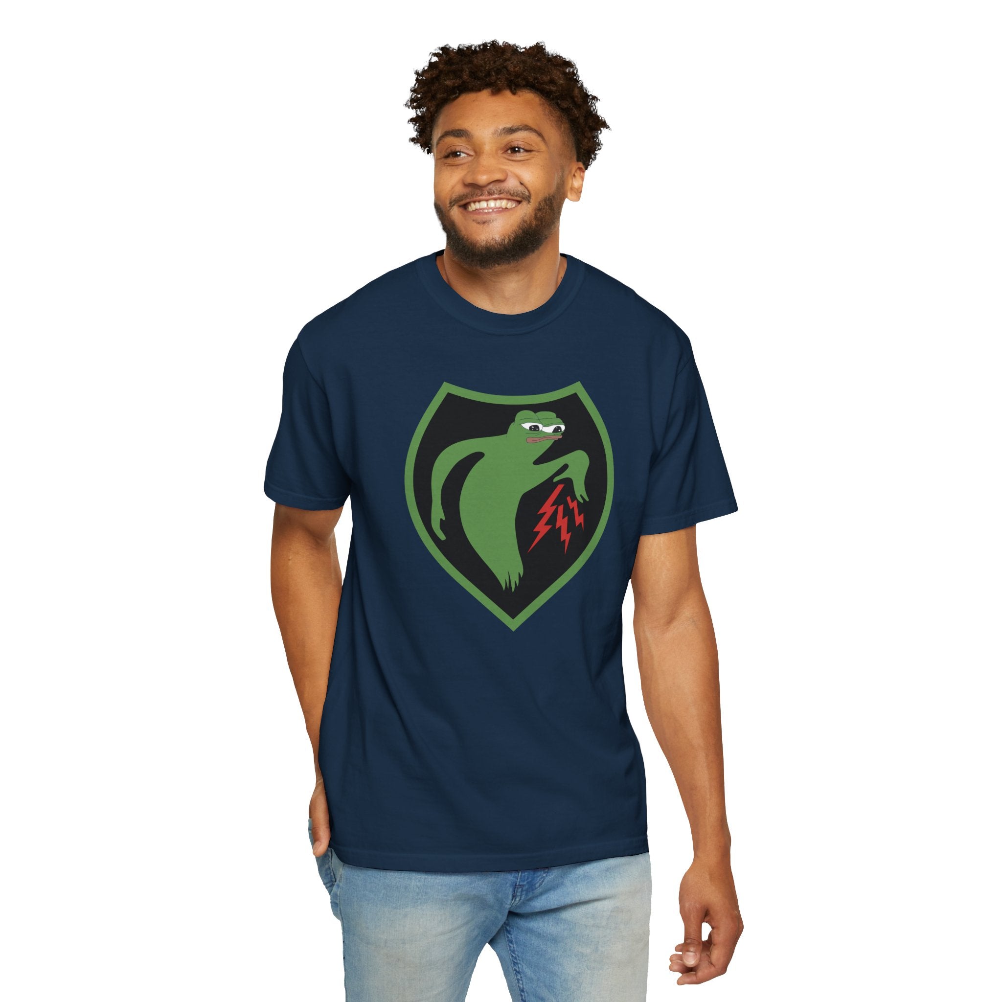 Man wearing Apu Ghost Army meme t-shirt in true navy