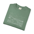 Folded Light Green Comfort Colors t-shirt with mountain river design and Bible verse from Micah 6:8