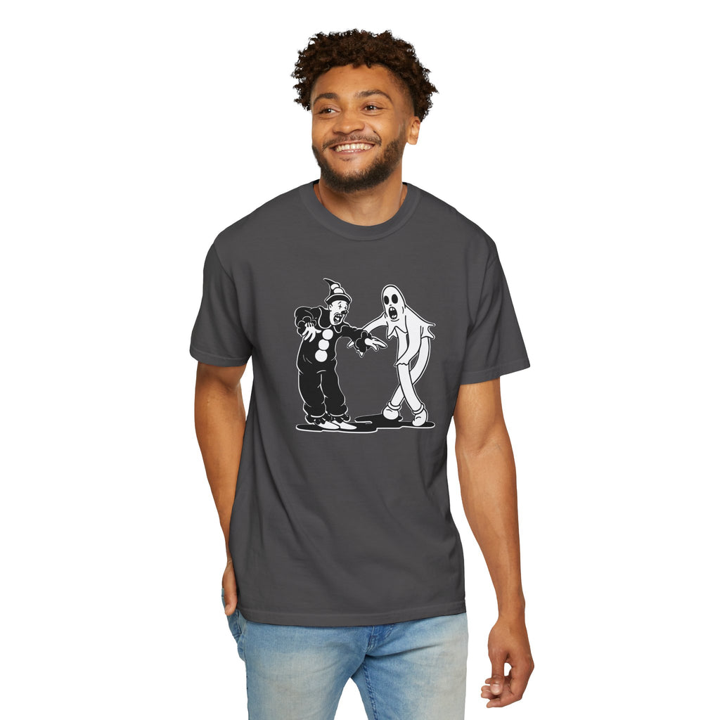 Smiling man wearing Koko the Clown Dancing Ghost meme t-shirt in graphite