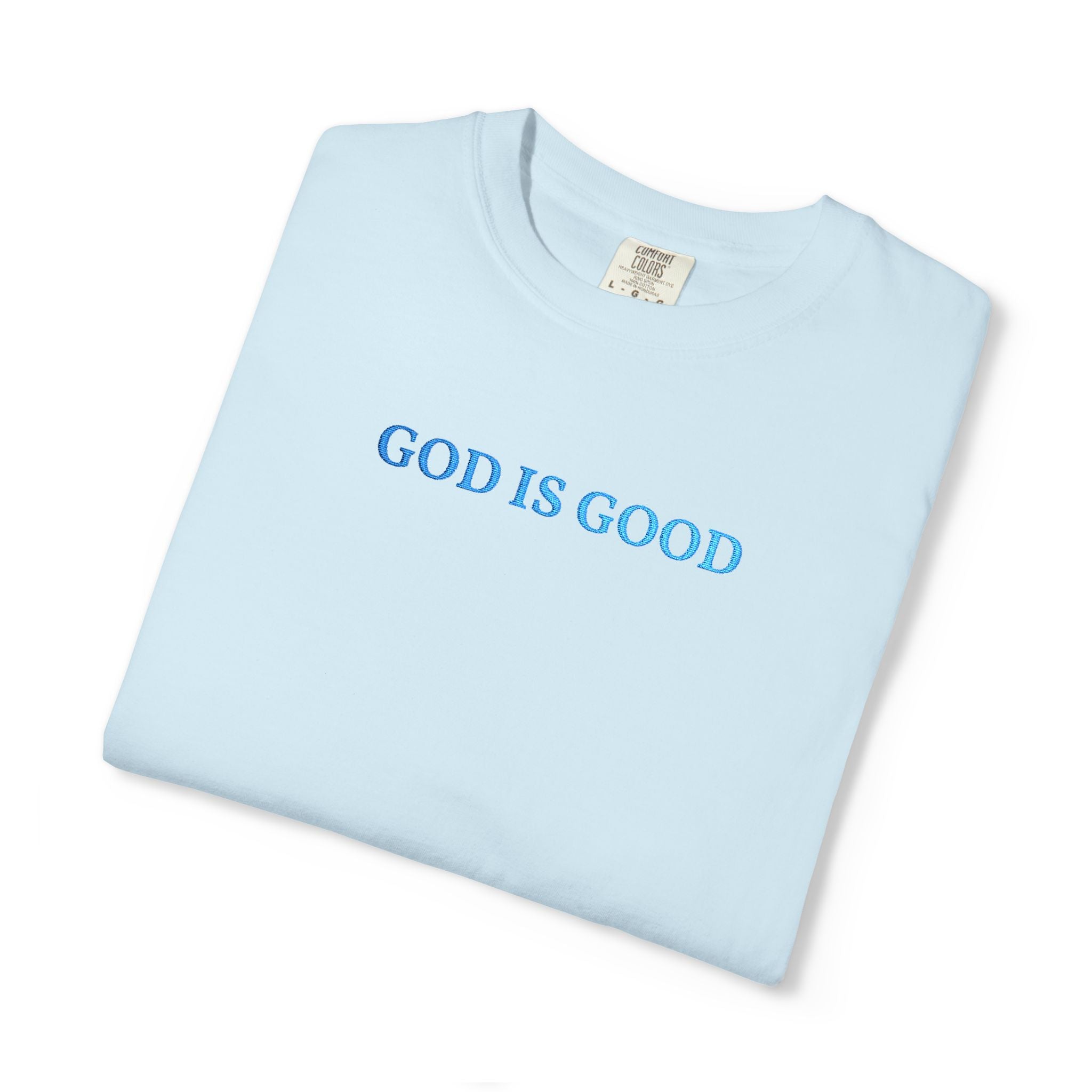 Folded Chambray t-shirt embroidered with 'GOD IS GOOD' in cornflower blue thread