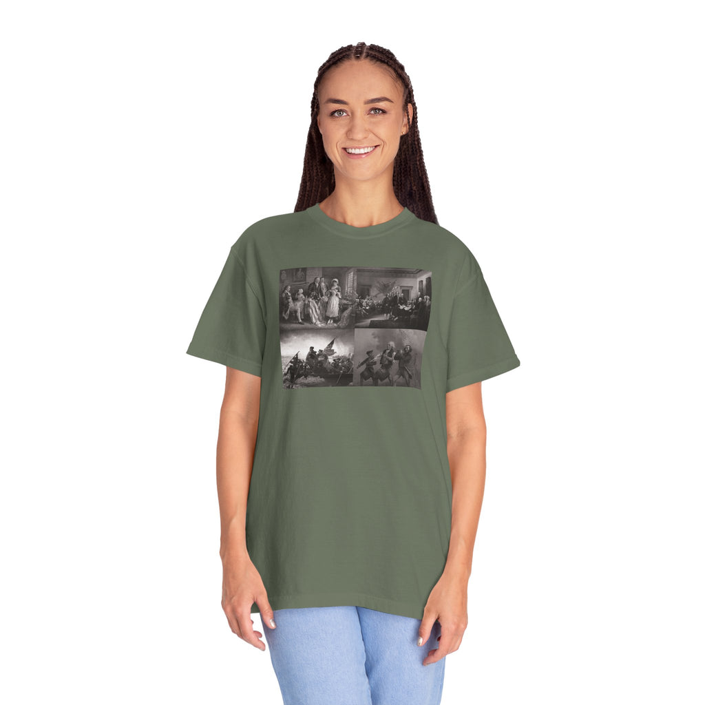 Woman wearing an oversized Moss Comfort Colors t-shirt printed with a montage of four revolutionary war era paintings
