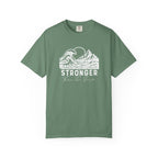 Stronger Than The Storm Christian t-shirt in light green with a mountain wave sun design