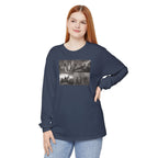 Woman wearing a Midnight Comfort Colors t-shirt with a montage of revolutionary war era paintings
