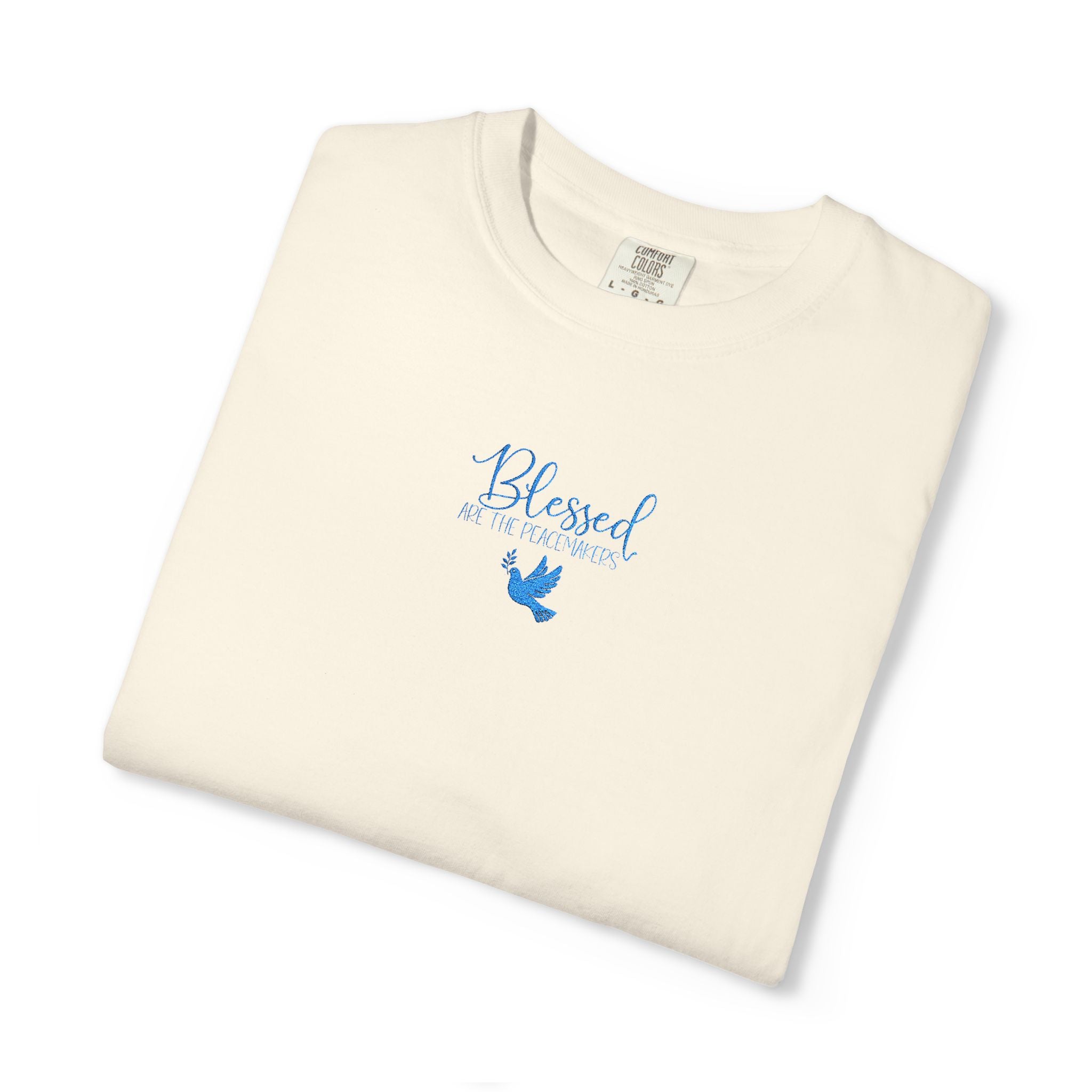 folded 'Blessed are the Peacemakers' embroidered t-shirt in ivory