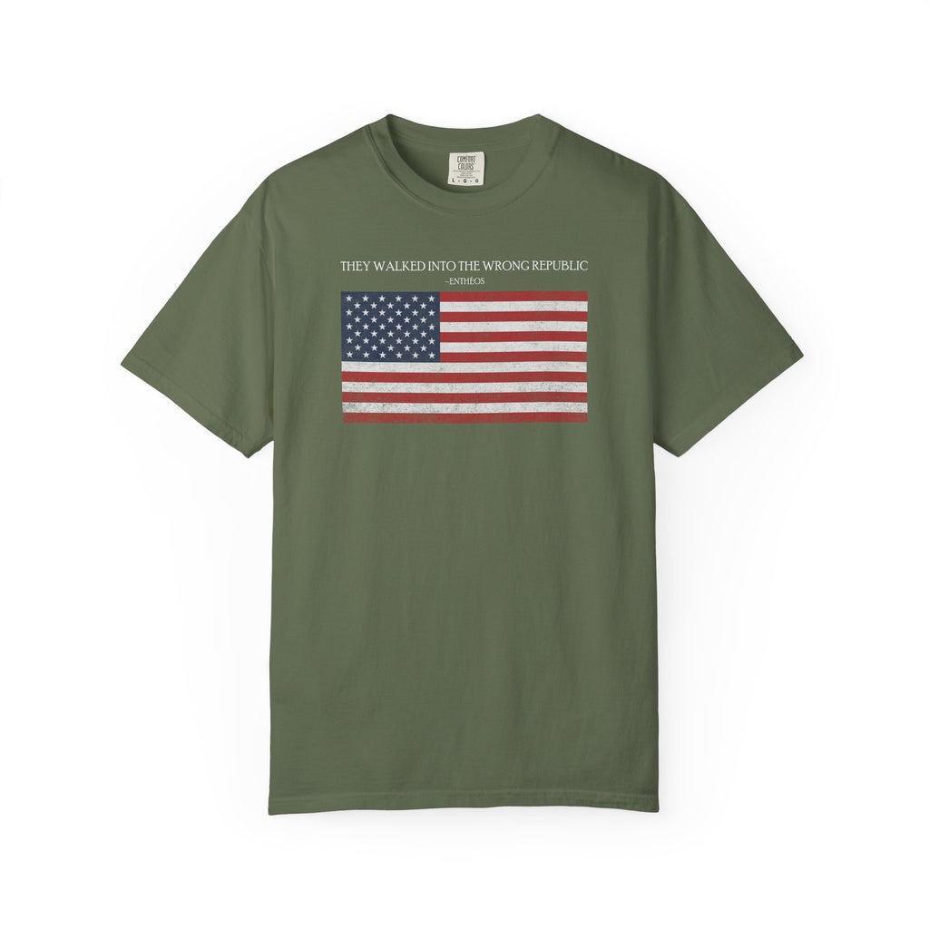 Sage Comfort Colors t-shirt with distressed American flag graphic and 'They Walked Into the Wrong Republic' quote from Entheos
