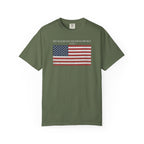 Sage Comfort Colors t-shirt with distressed American flag graphic and 'They Walked Into the Wrong Republic' quote from Entheos