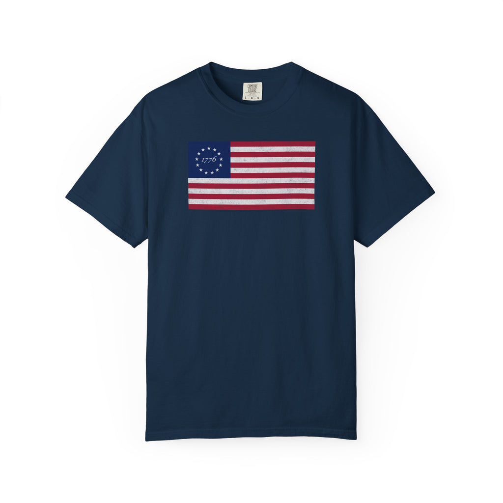 Distressed Betsy Ross flag 1776 t-shirt in true navy