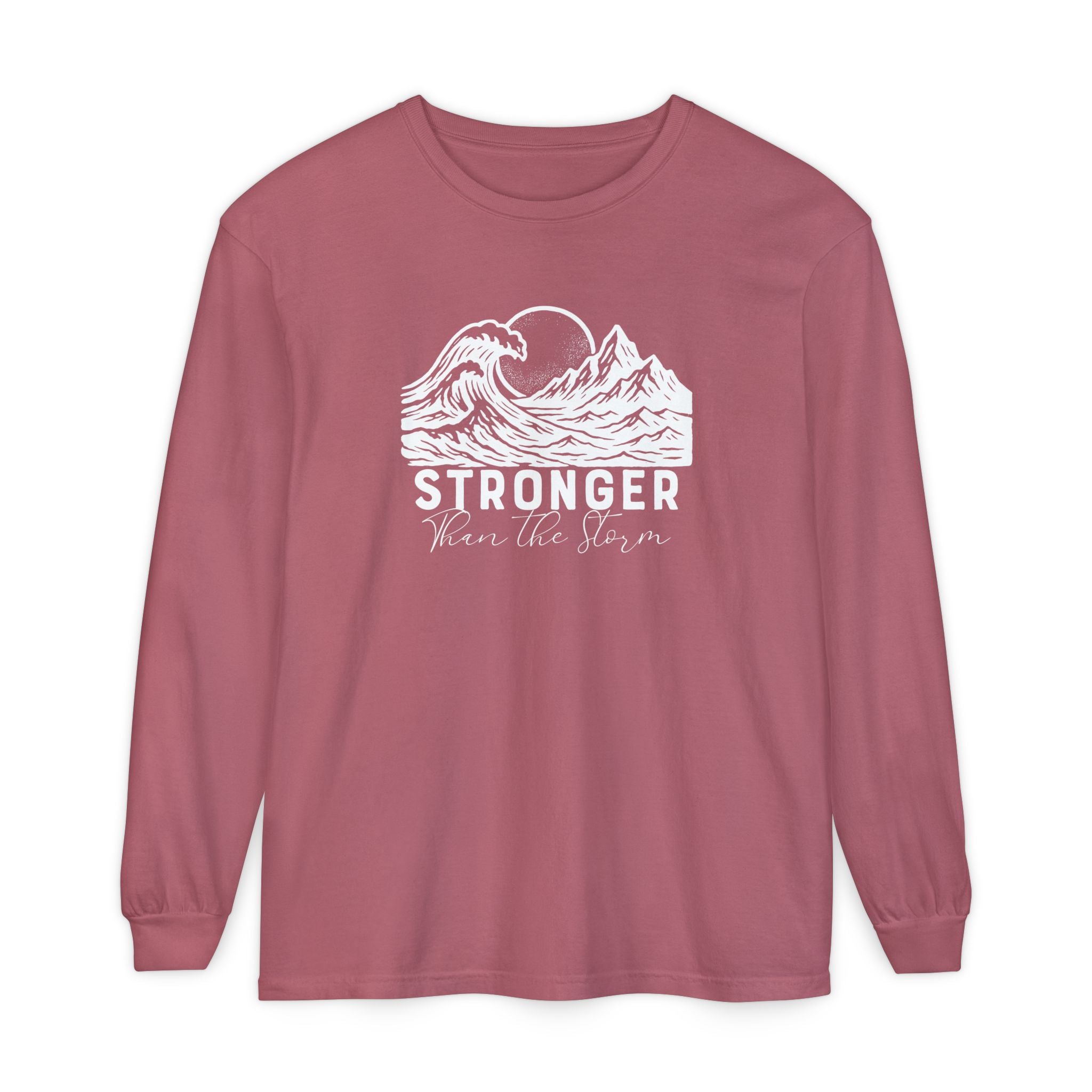 Stronger Than The Storm Christian long sleeve t-shirt in Crimson