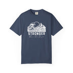 Stronger Than The Storm Christian t-shirt in midnight with a mountain wave sun design