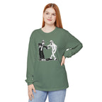 Woman wearing Koko the Clown and Dancing Ghost long sleeve t-shirt in light green