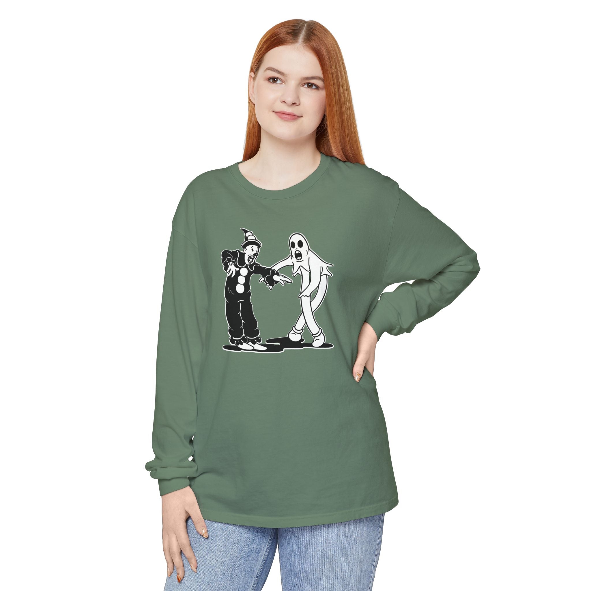 Woman wearing Koko the Clown and Dancing Ghost long sleeve t-shirt in light green