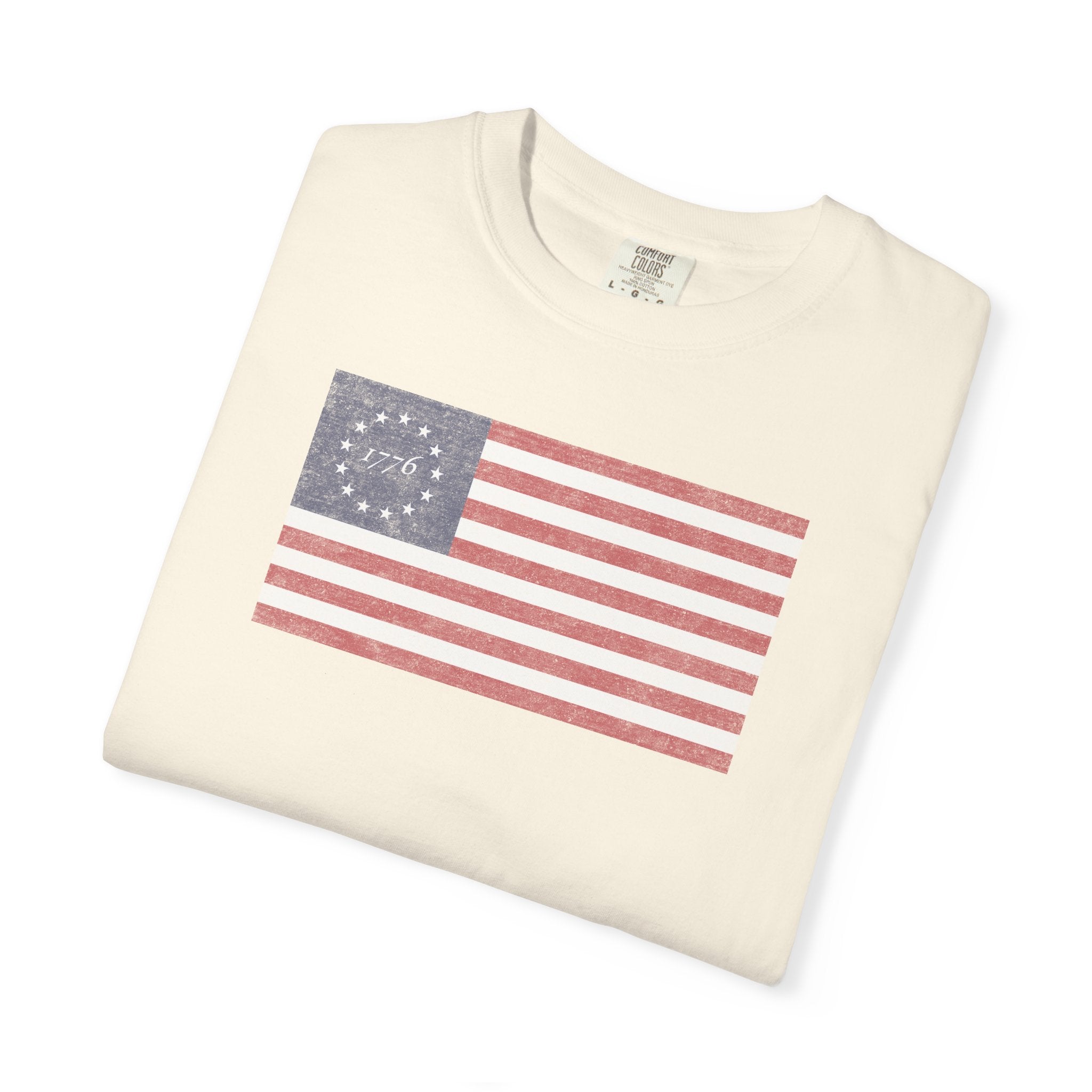 Folded distressed Betsy Ross flag 1776 t-shirt in ivory