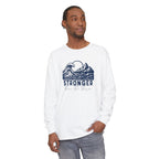 Male model in Stronger Than The Storm Christian long sleeve tee in white