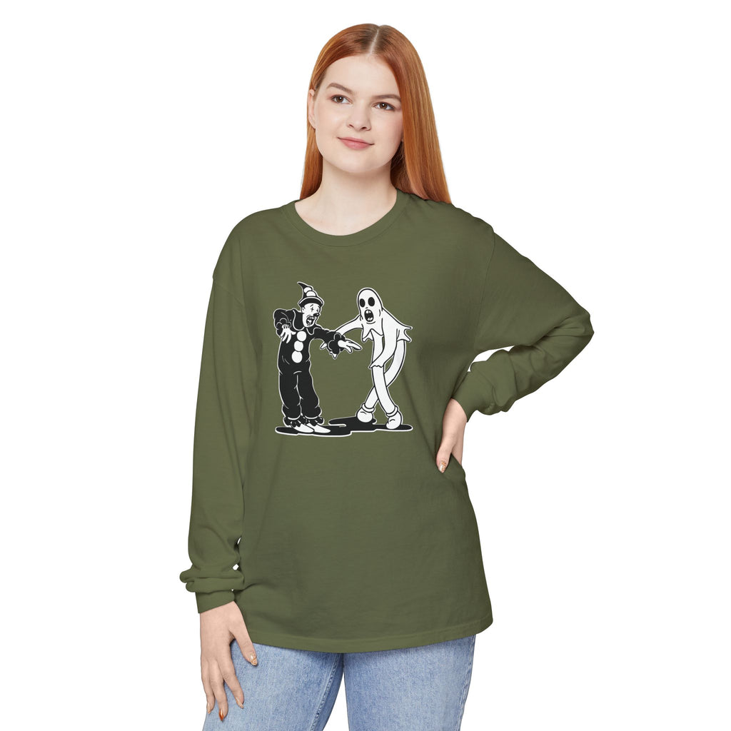 Woman wearing Koko the Clown and Dancing Ghost long sleeve t-shirt in hemp