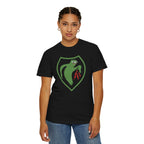 Female model wearing Apu Ghost Army meme t-shirt in black