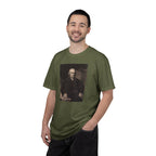 Male model wearing Samuel Adams mezzotint portrait t-shirt in hemp