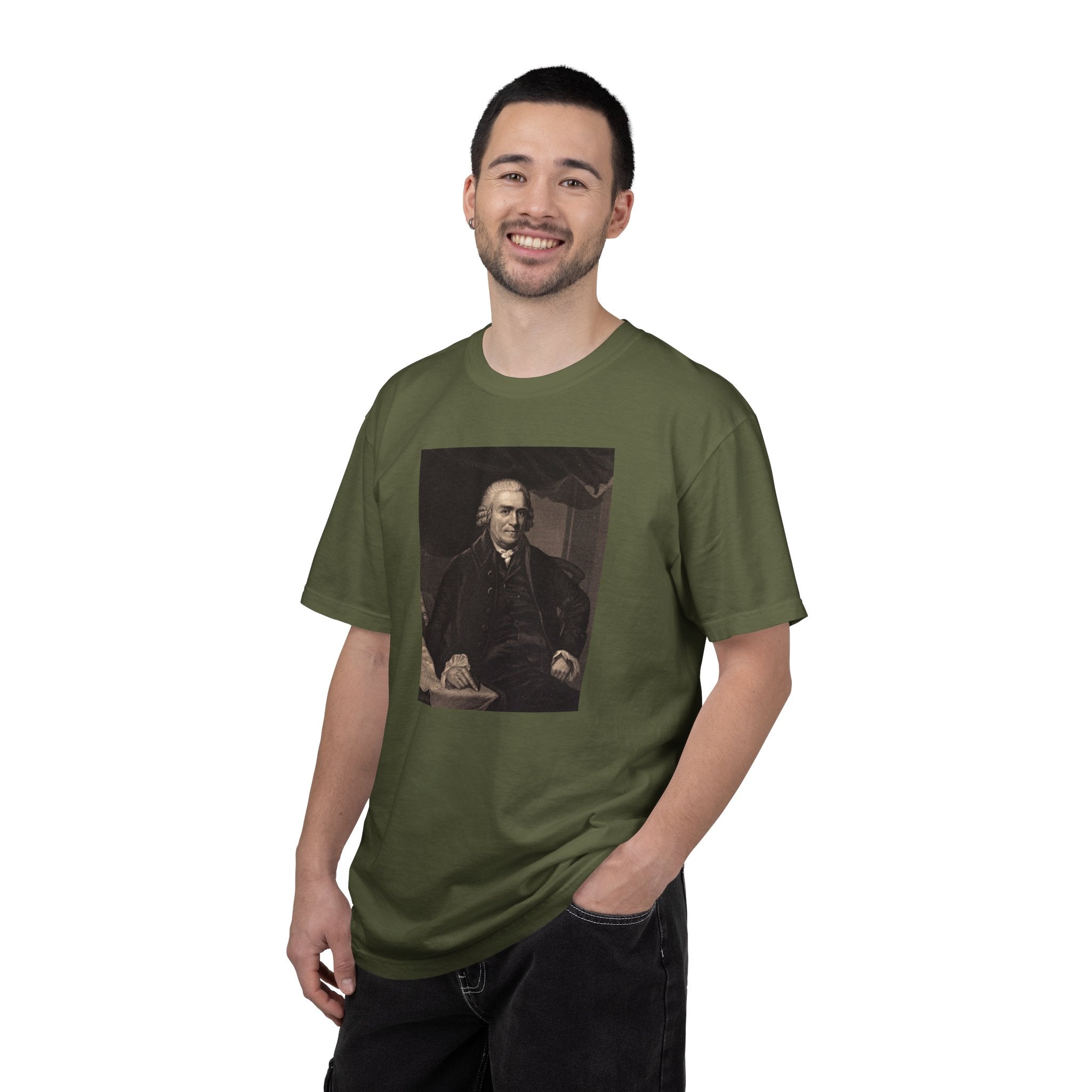 Male model wearing Samuel Adams mezzotint portrait t-shirt in hemp