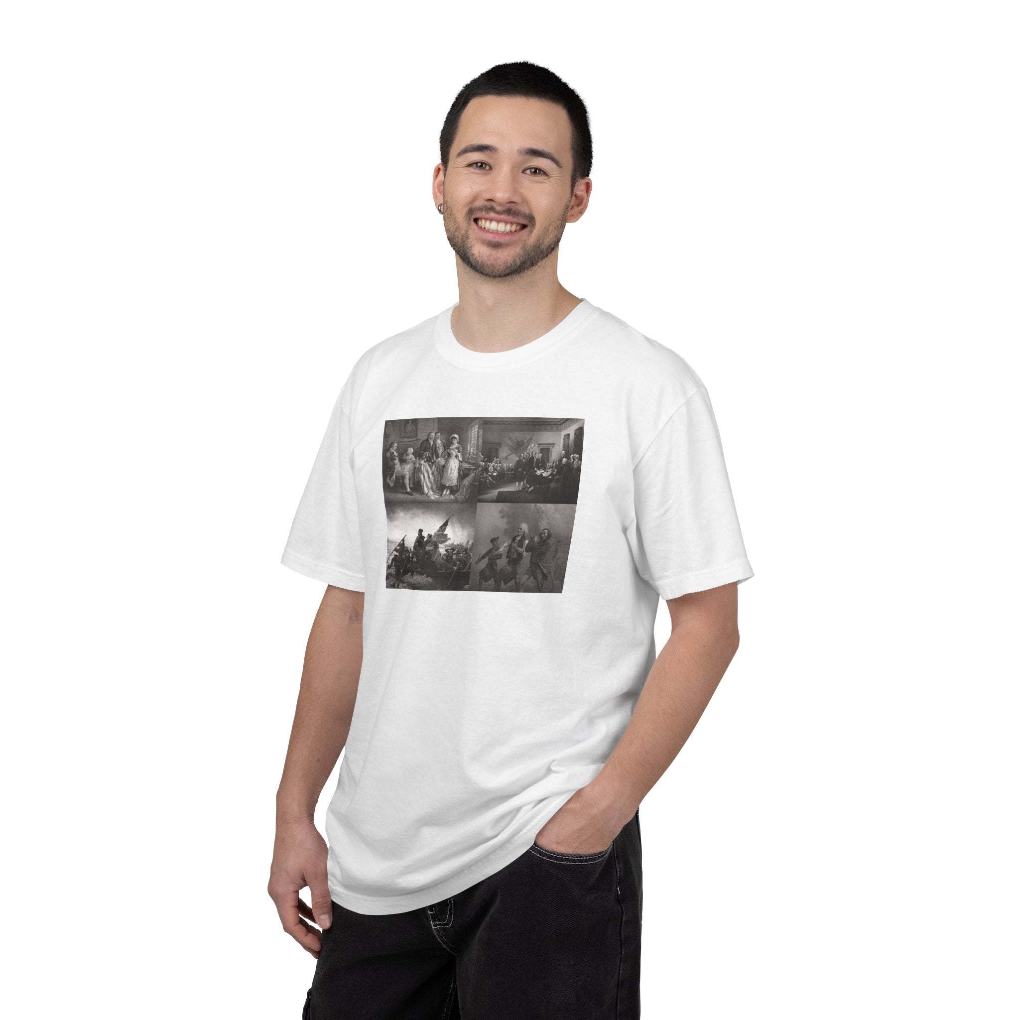 Man wearing a White Comfort Colors t-shirt printed with a montage of four revolutionary war era paintings