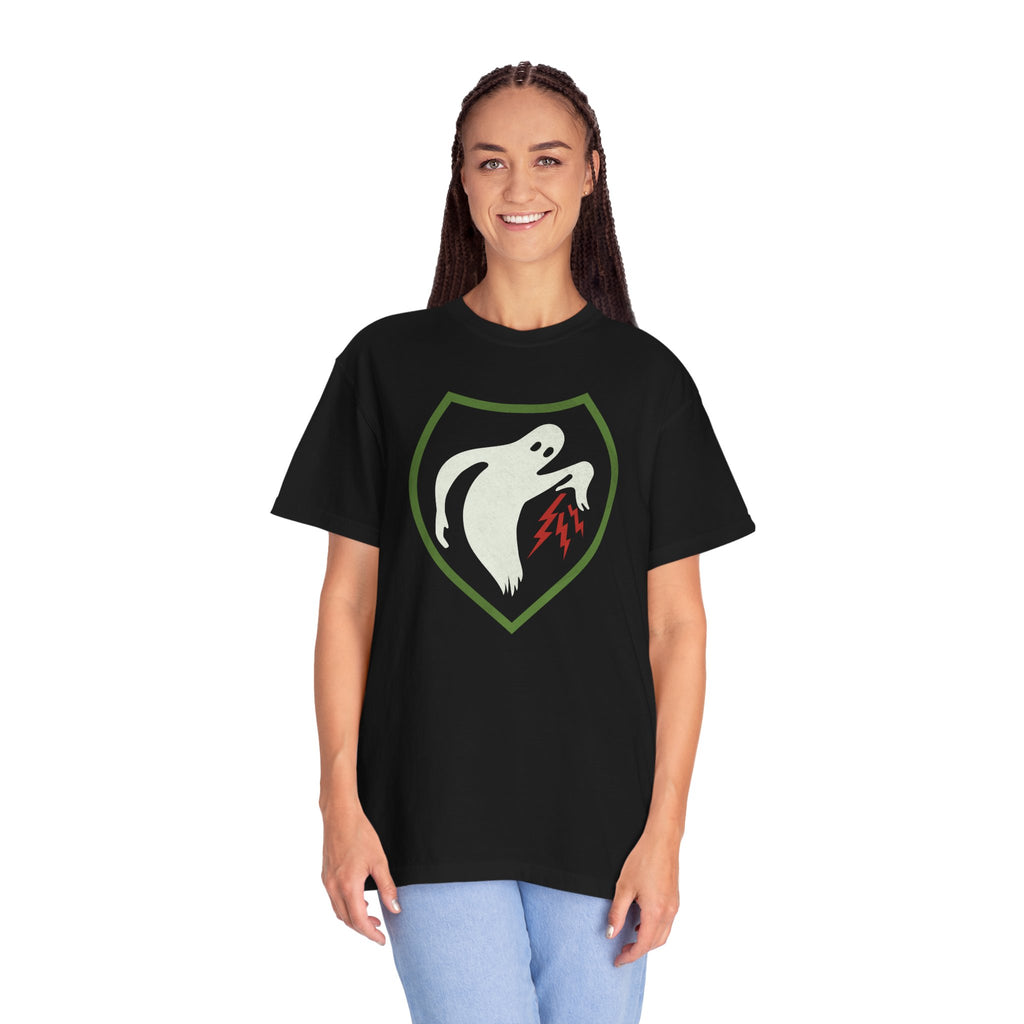 Woman wearing an oversized Ghost Army t-shirt in black