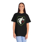 Woman wearing an oversized Ghost Army t-shirt in black