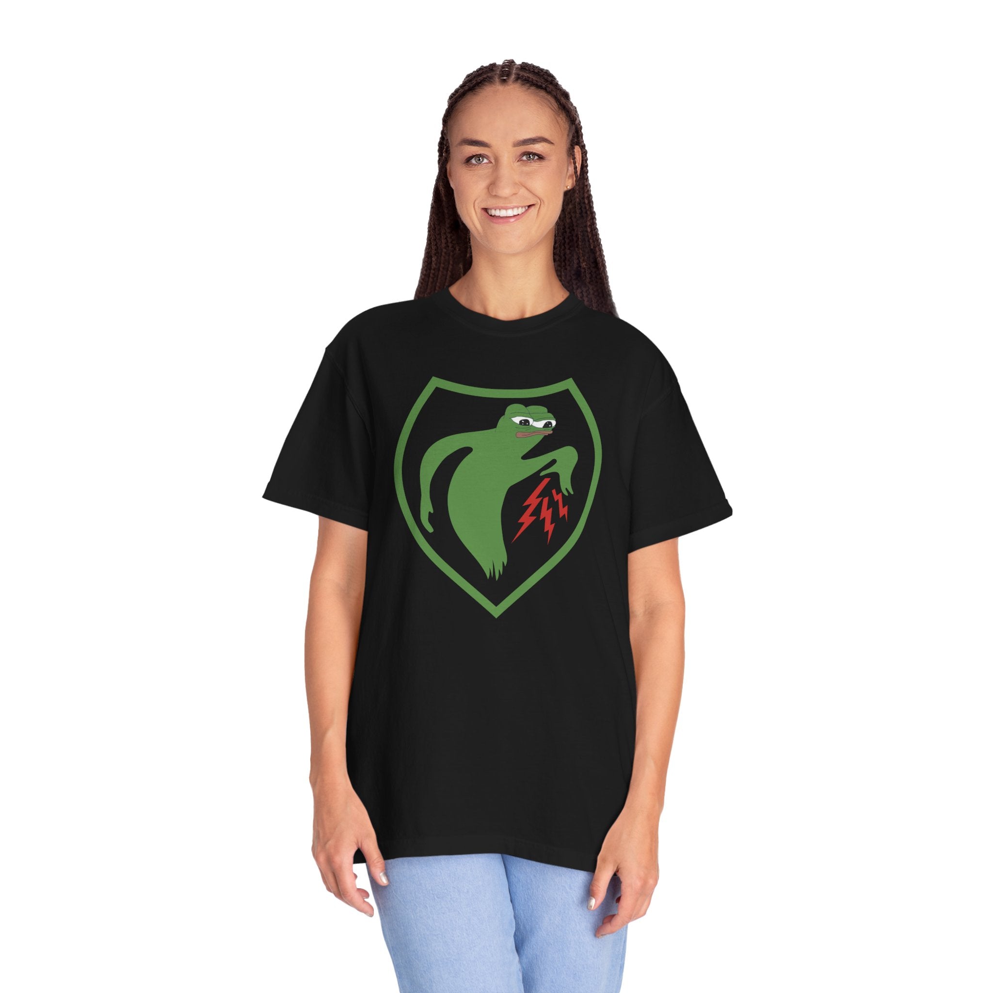 Woman wearing oversized Apu Ghost Army meme t-shirt in black
