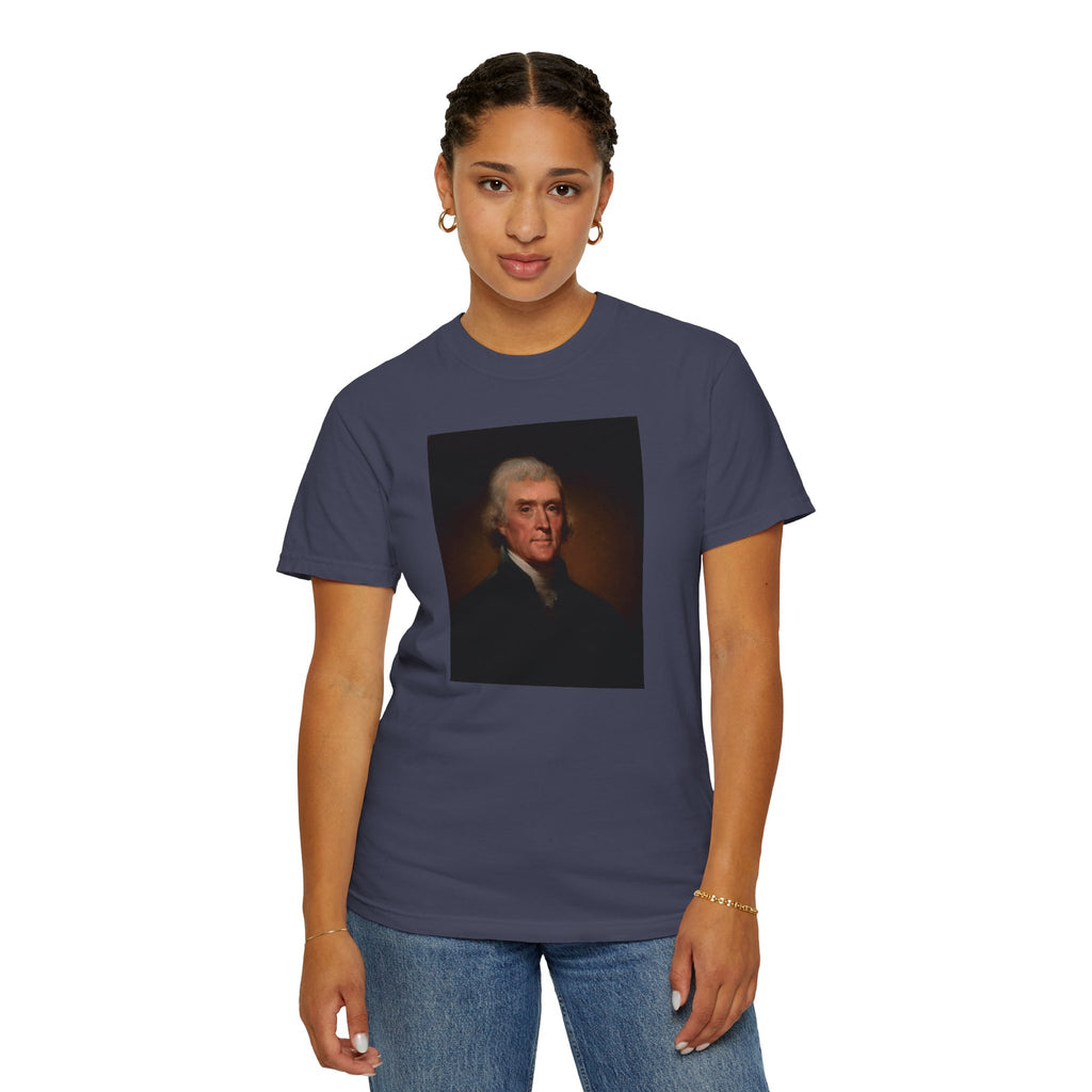 Woman wearing Thomas Jefferson portrait t-shirt, denim