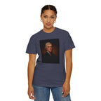 Woman wearing Thomas Jefferson portrait t-shirt, denim