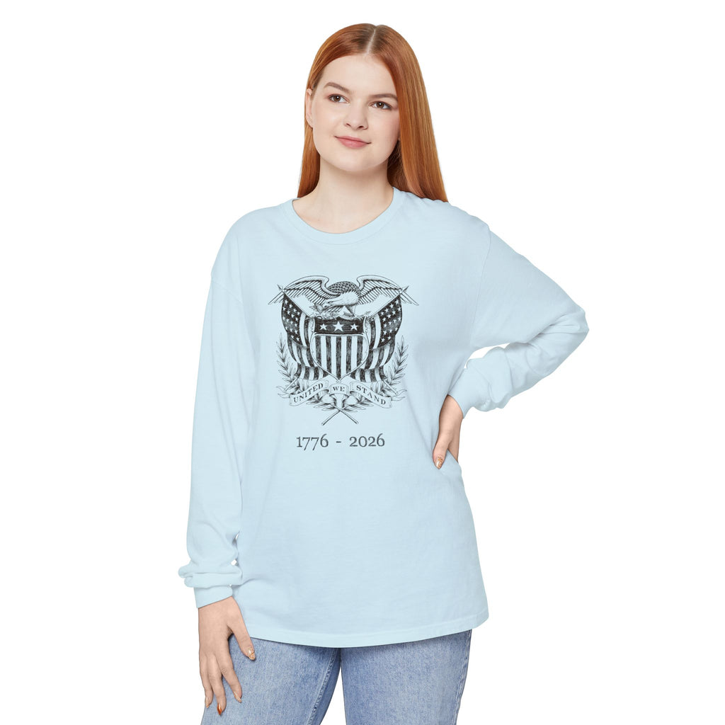 Woman wearing a Chambray 
long sleeve United We Stand eagle t-shirt