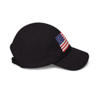Right side view of black cap embroidered with Betsy Ross Flag