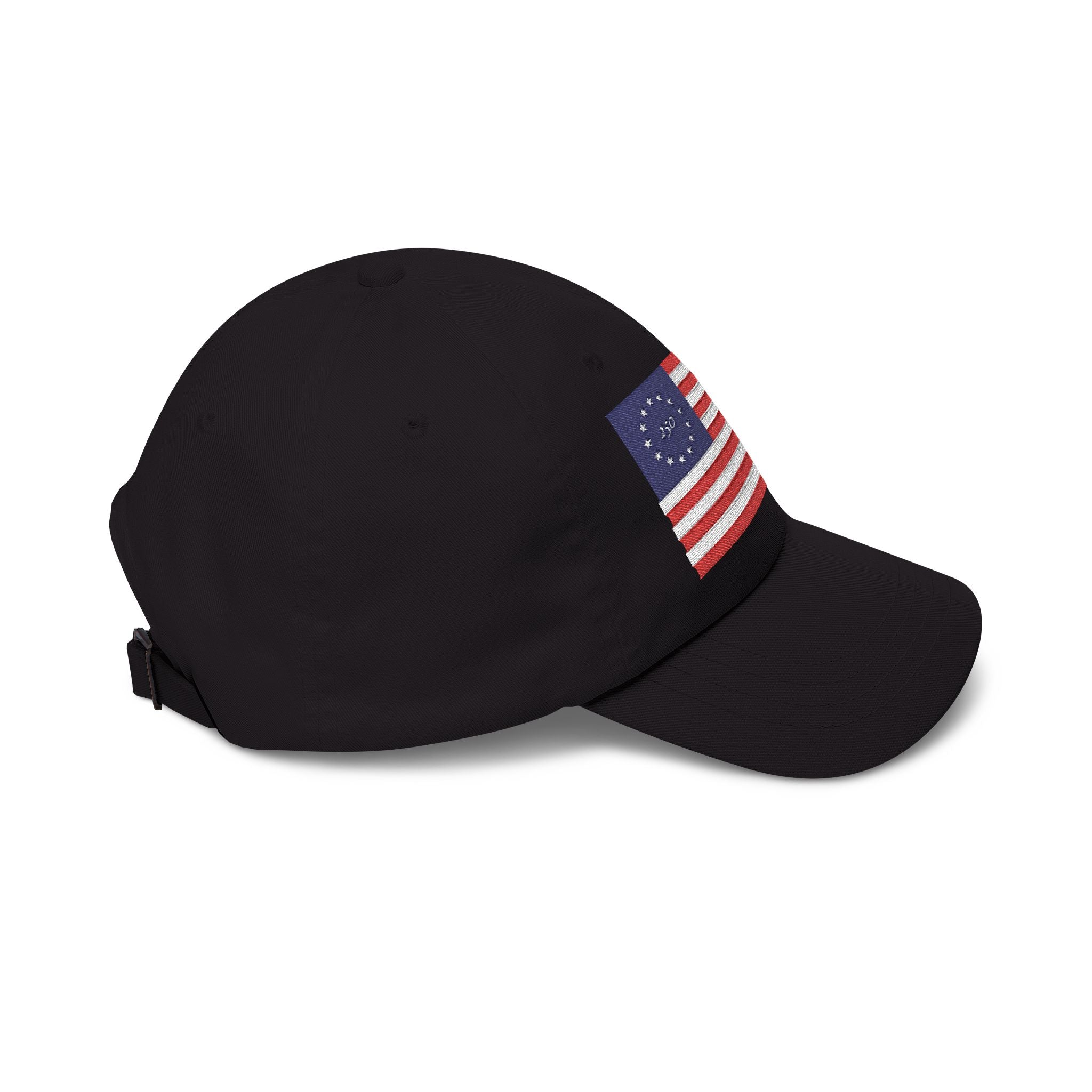 Right side view of black cap embroidered with Betsy Ross Flag