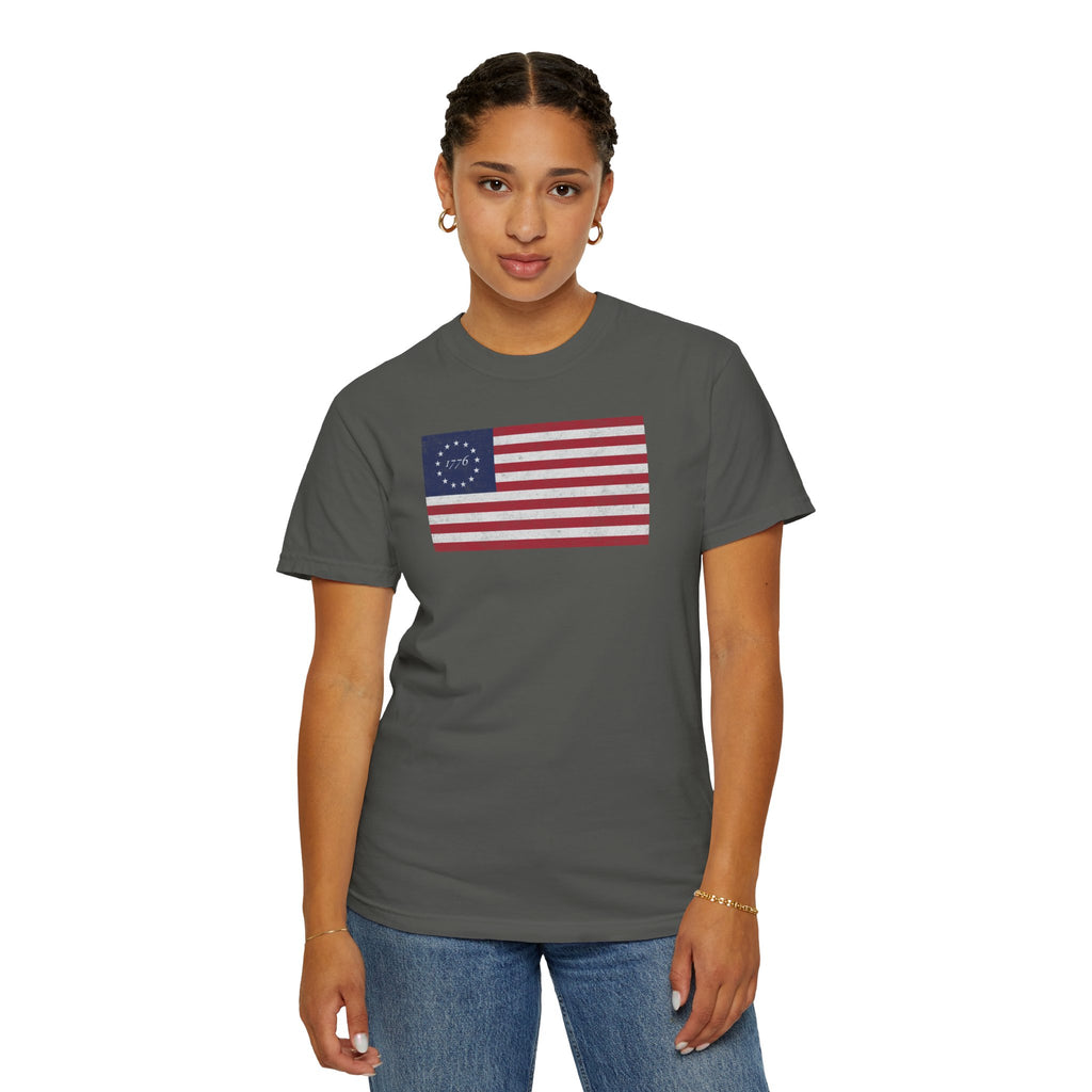 Female model wearing distressed 1776 Betsy Ross flag t-shirt in pepper
