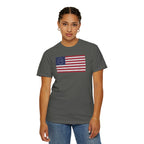 Female model wearing distressed 1776 Betsy Ross flag t-shirt in pepper