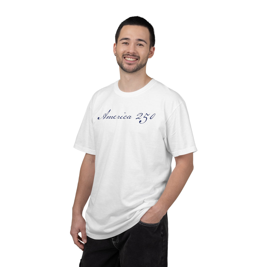 Male model wearing a white America 250 t-shirt