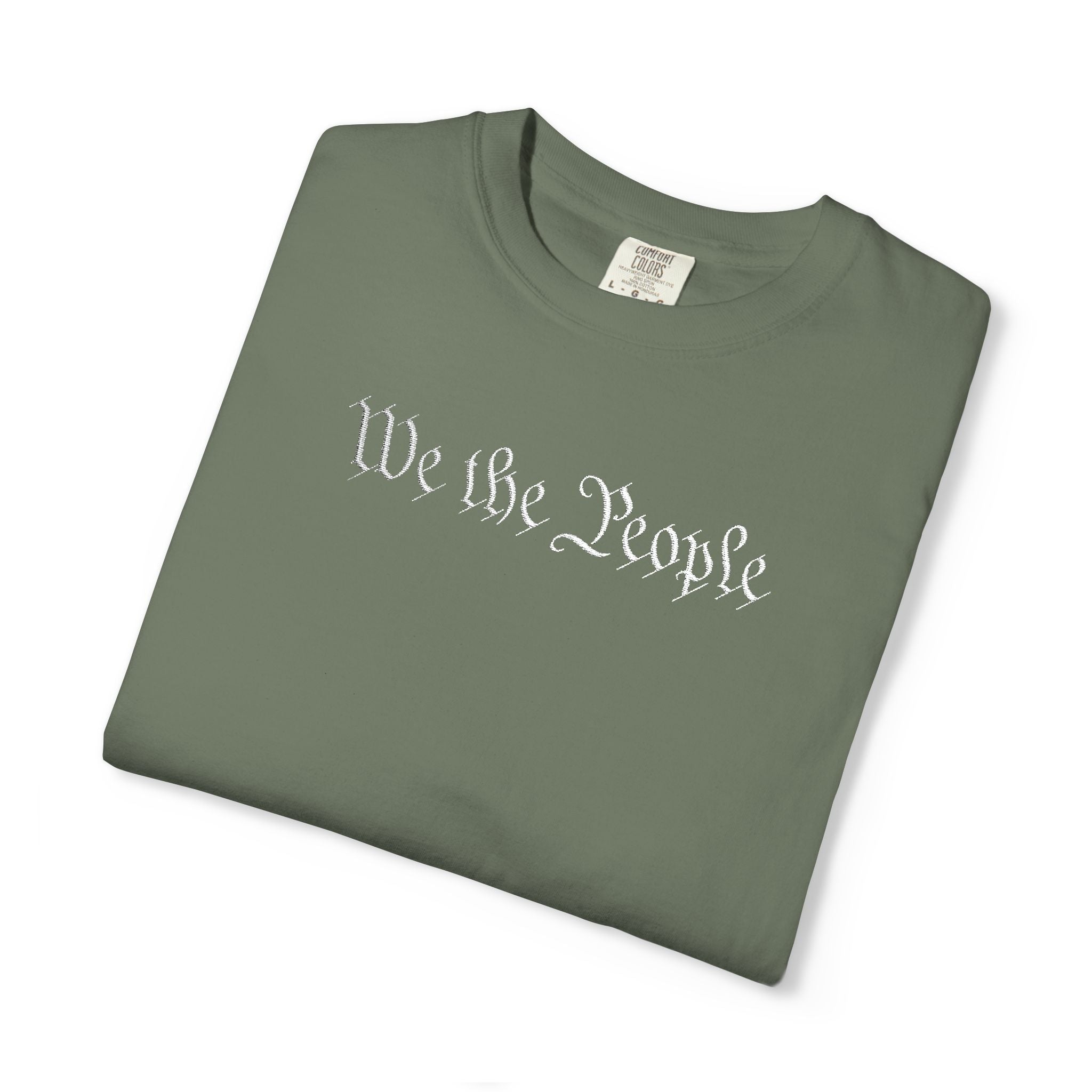 We the People embroidered patriotic t-shirt in Moss, folded