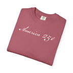 Folded crimson America 250 script patriotic t-shirt