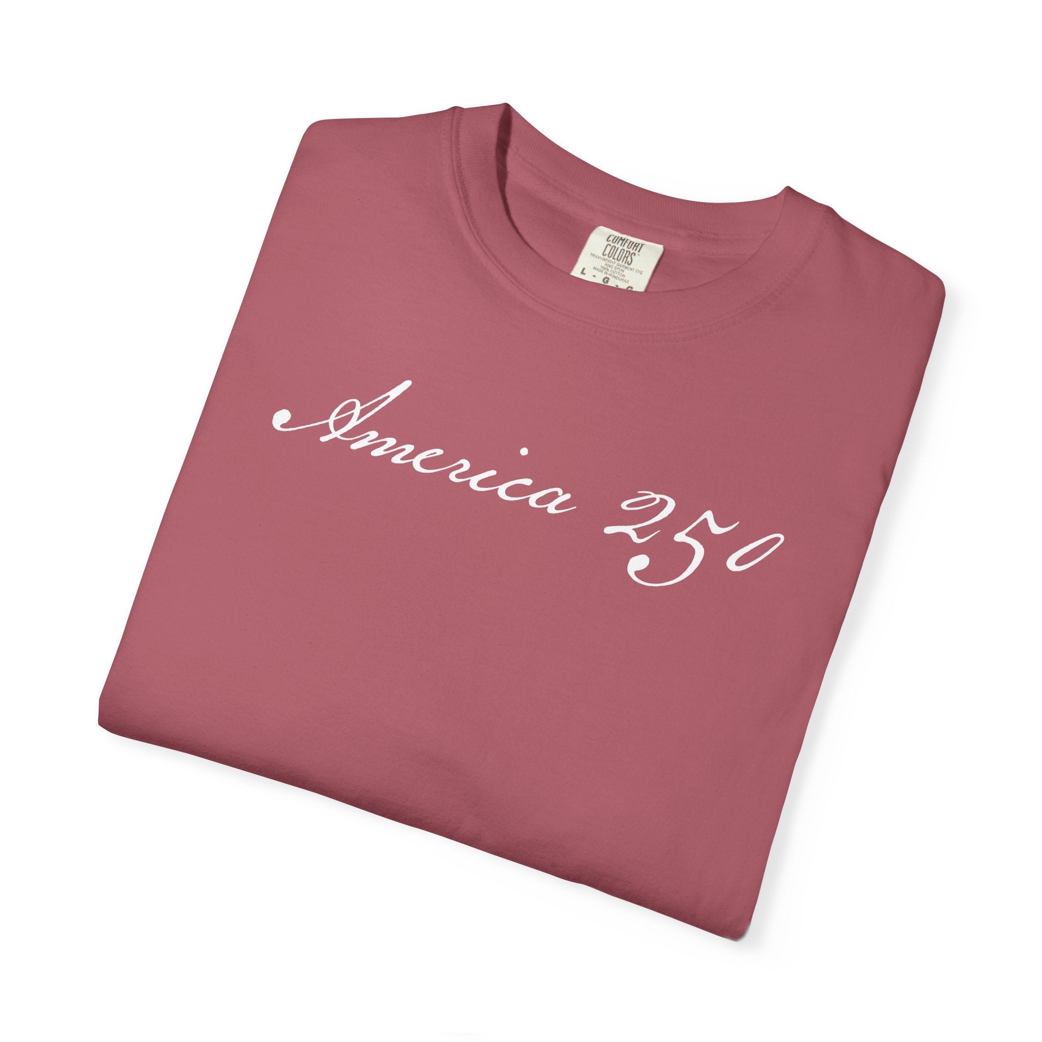 Folded crimson America 250 script patriotic t-shirt