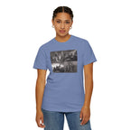 Woman wearing a Washed Denim Comfort Colors t-shirt printed with a montage of four revolutionary war era paintings