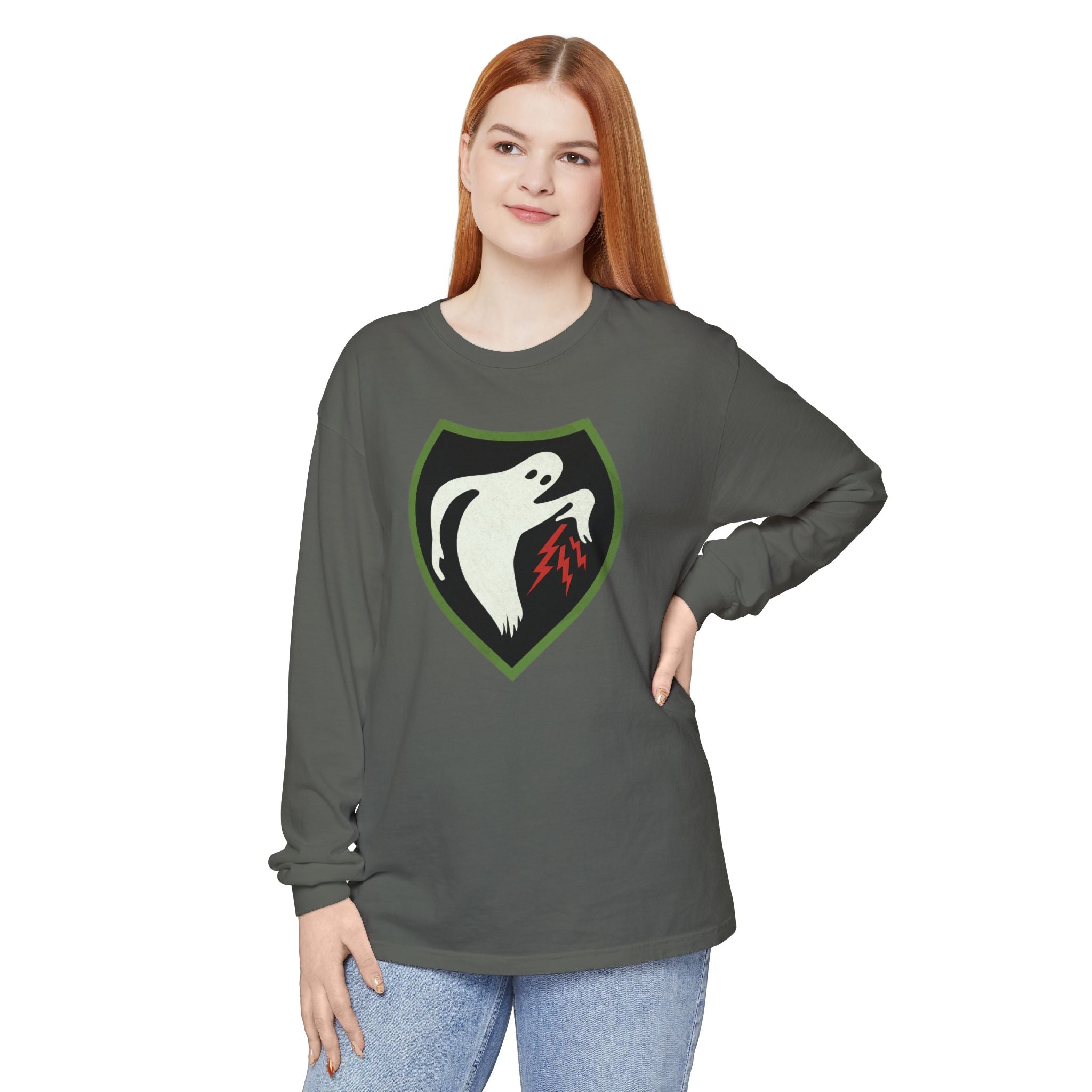 Woman wearing Ghost Army patriotic long sleeve t-shirt in pepper