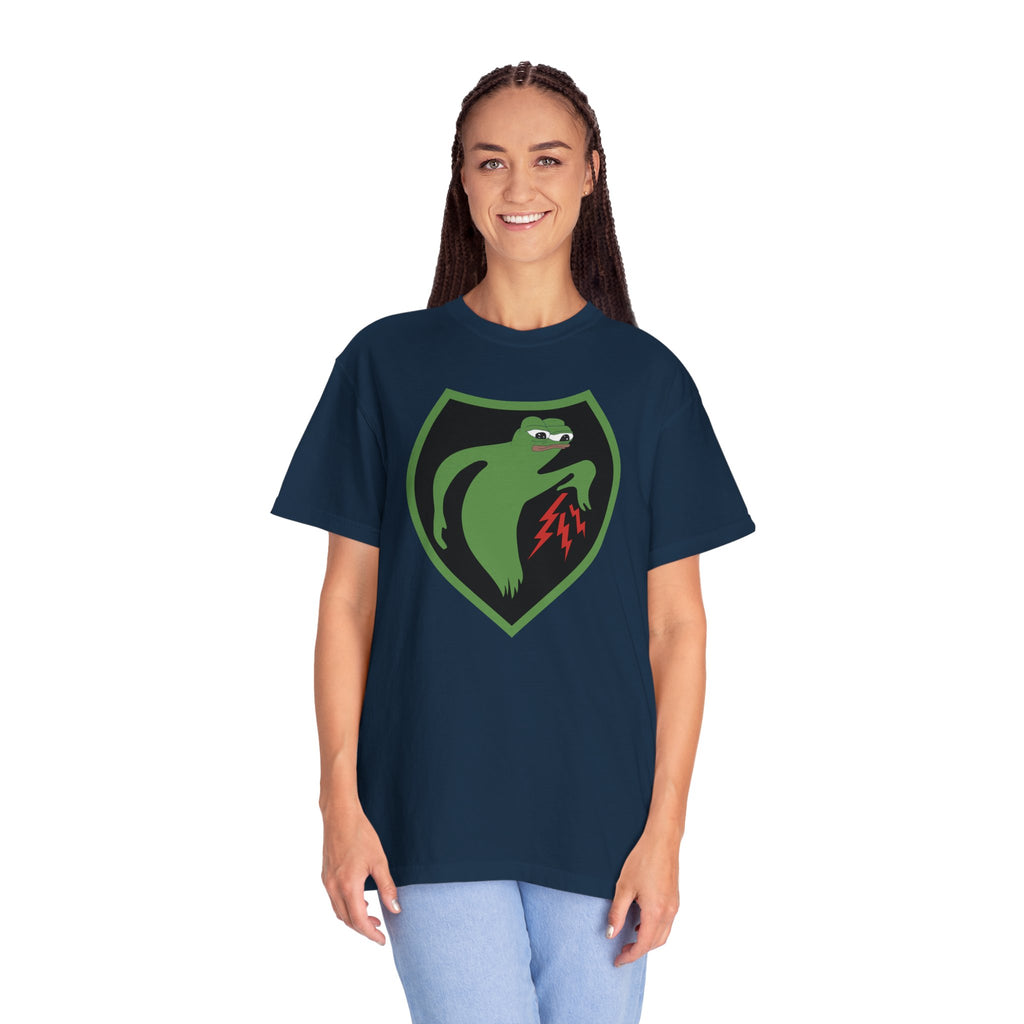 Woman wearing oversized Apu Ghost Army meme t-shirt in true navy