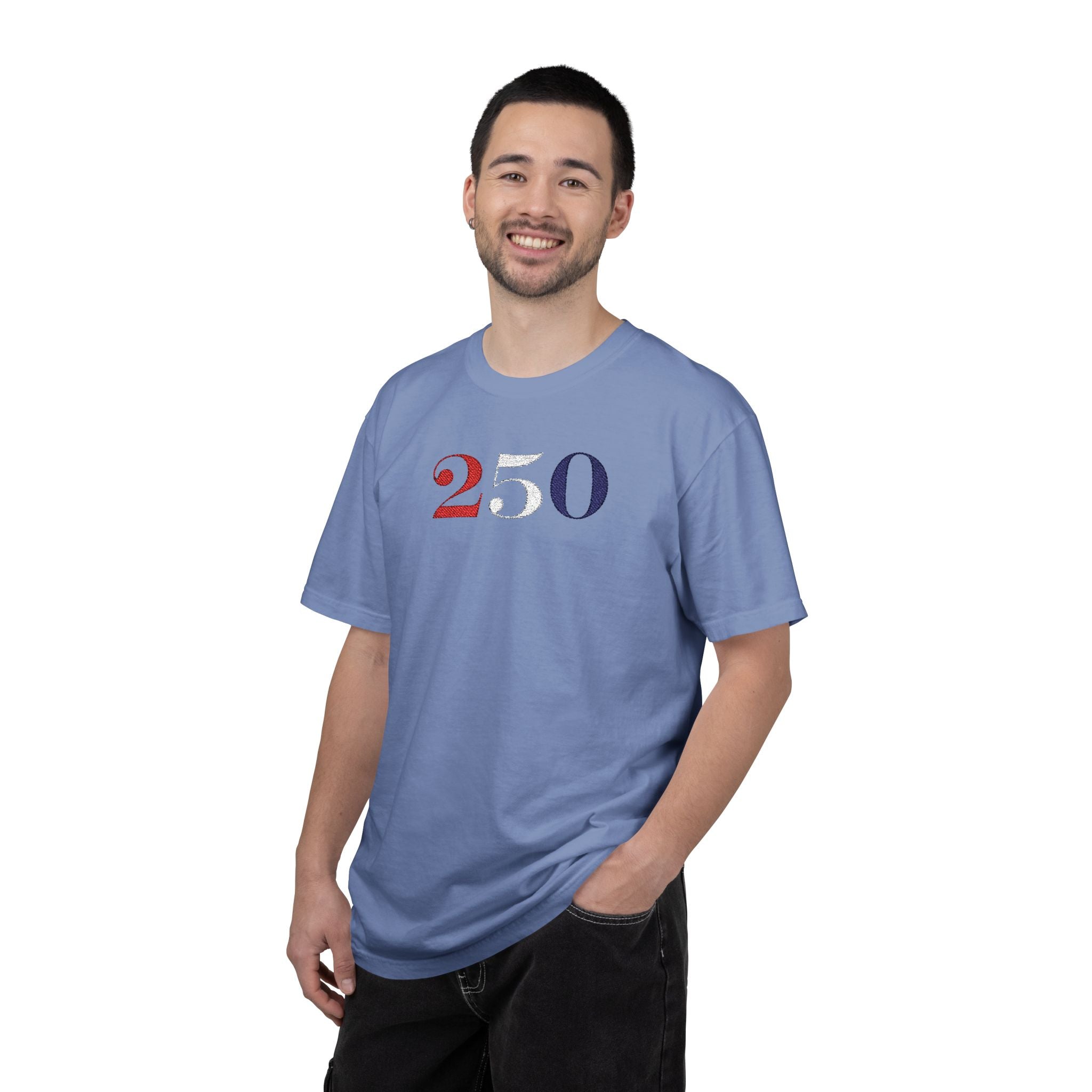 Male model wearing washed denim America 250 embroidered t-shirt