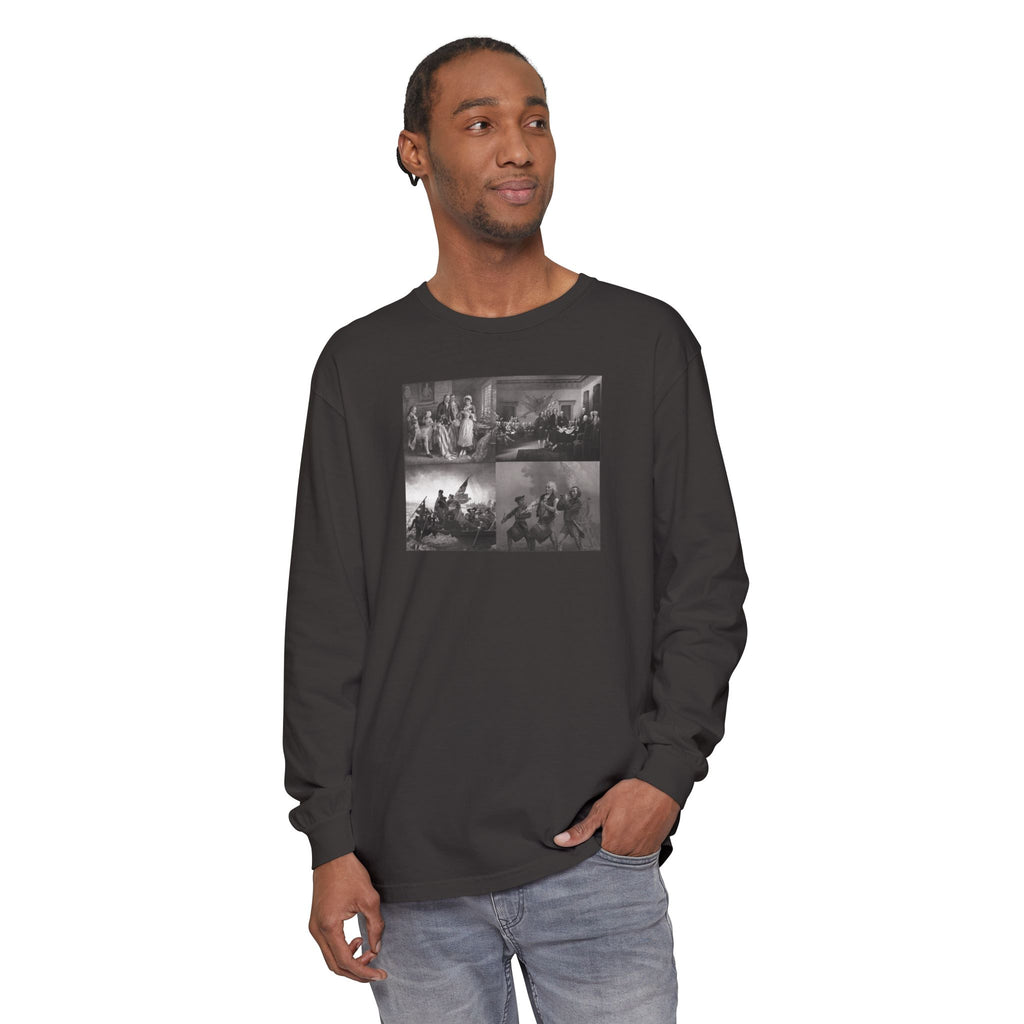 Man wearing a Graphite Comfort Colors t-shirt with a montage of revolutionary war era paintings
